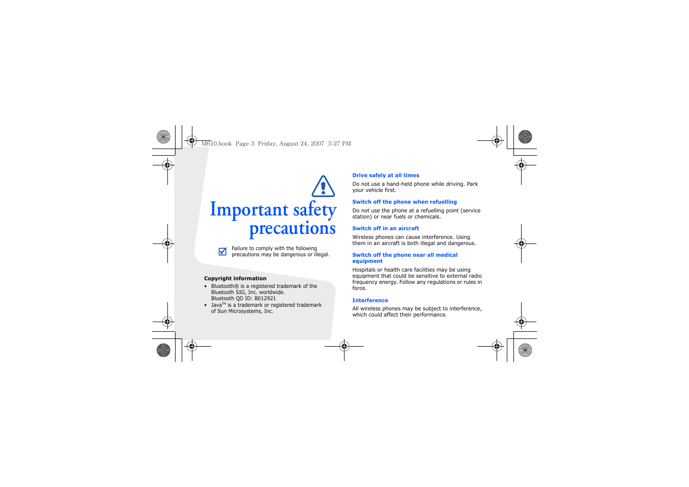 Important safety precautions | Samsung SGH-M610 User Manual | Page 2 / 49