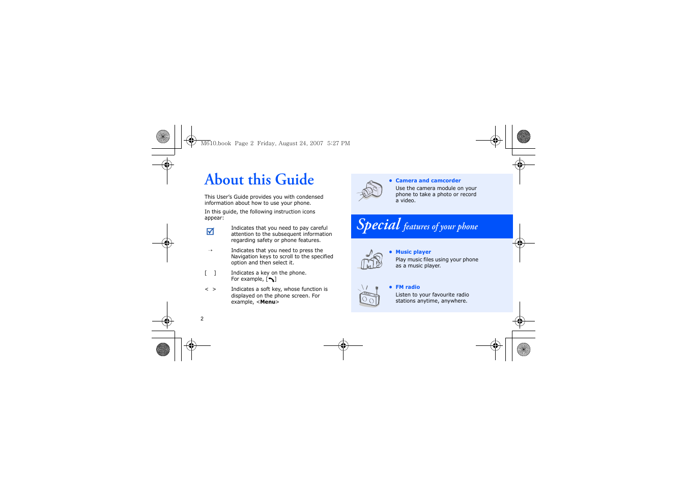 Special features of your phone, About this guide, Special | Features of your phone | Samsung SGH-M610 User Manual | Page 4 / 49