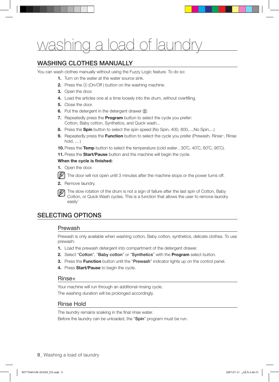 Washing a load of laundry, Washing clothes manually, Selecting options | Samsung W/V/S/C/R WF7602NA User Manual | Page 10 / 20