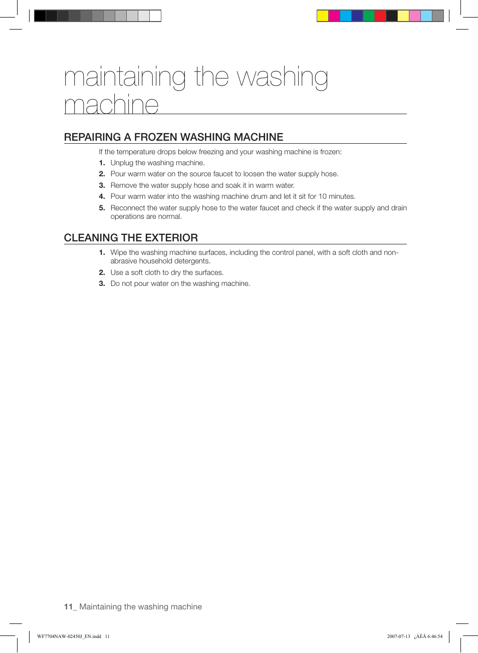 Maintaining the washing machine | Samsung W/V/S/C/R WF7602NA User Manual | Page 12 / 20