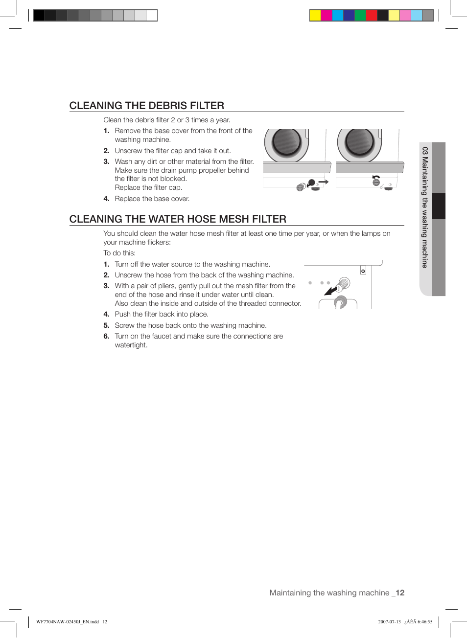 Cleaning the debris filter, Cleaning the water hose mesh filter | Samsung W/V/S/C/R WF7602NA User Manual | Page 13 / 20