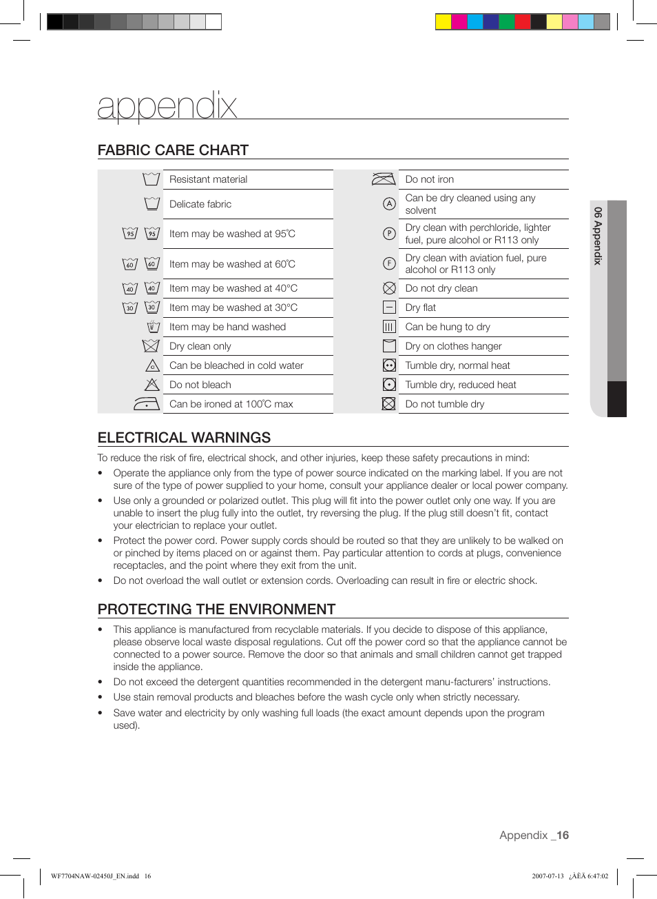 Appendix, Fabric care chart, Electrical warnings | Protecting the environment | Samsung W/V/S/C/R WF7602NA User Manual | Page 17 / 20