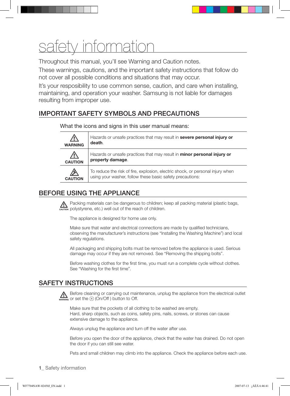 Safety information, Important safety symbols and precautions, Before using the appliance | Safety instructions | Samsung W/V/S/C/R WF7602NA User Manual | Page 2 / 20