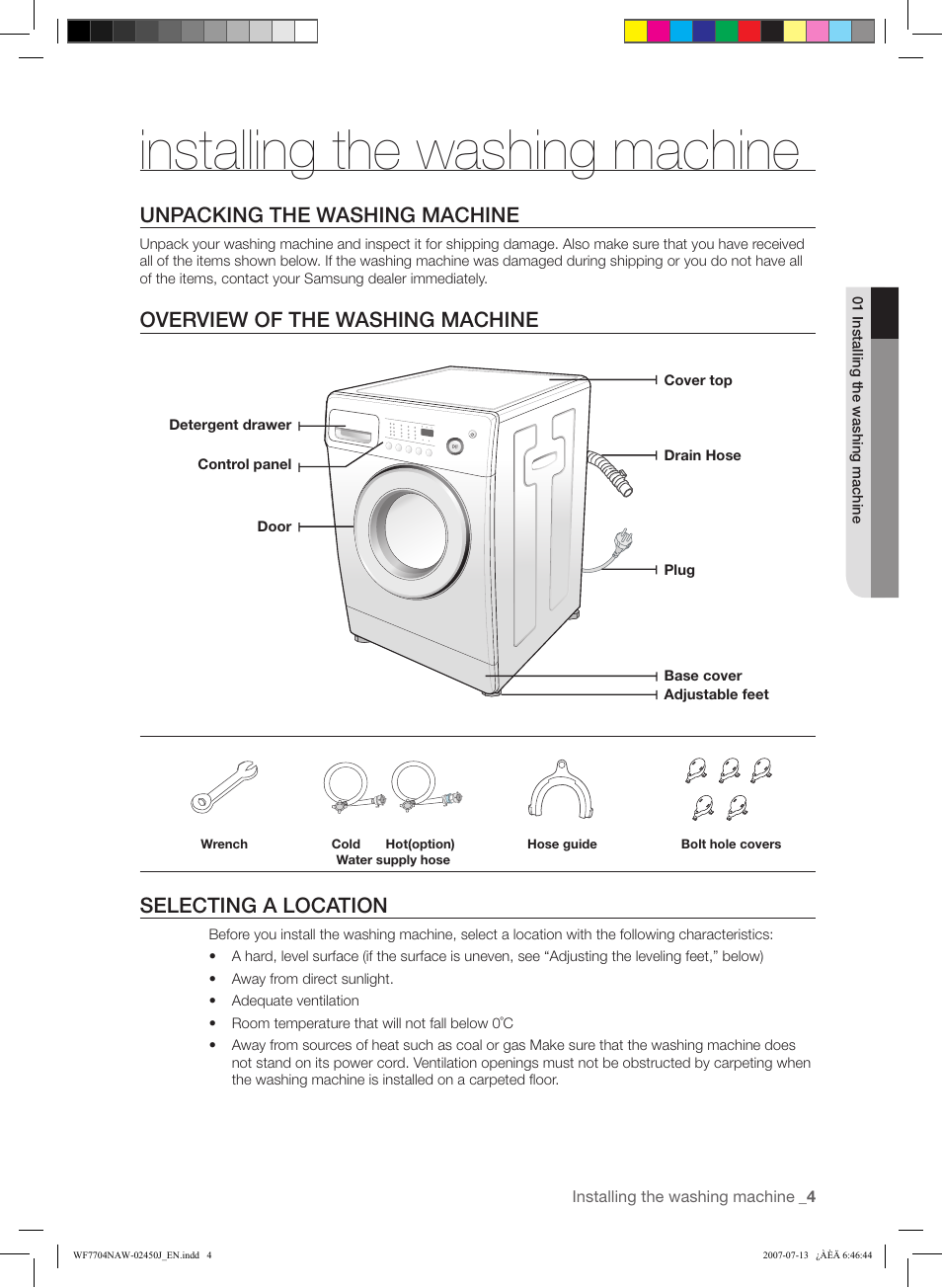 Installing the washing machine, Unpacking the washing machine, Overview of the washing machine | Selecting a location | Samsung W/V/S/C/R WF7602NA User Manual | Page 5 / 20