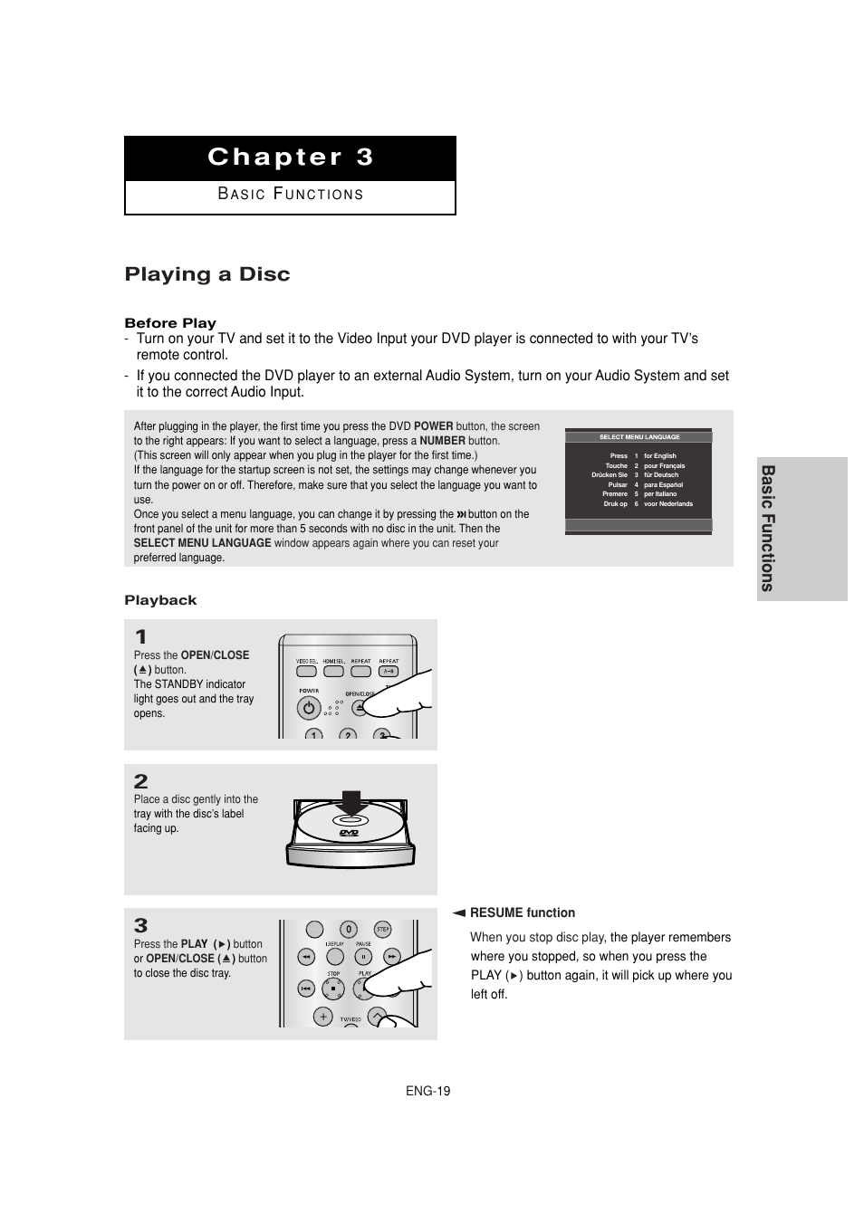 Playing a disc, Basic functions | Samsung DVD-1080P8 User Manual | Page 19 / 103