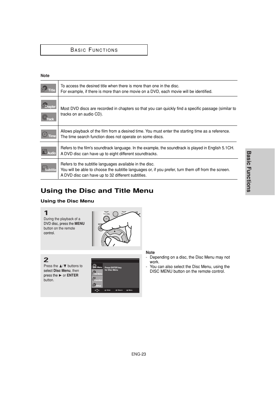 Using the disc and title menu, Basic functions | Samsung DVD-1080P8 User Manual | Page 23 / 103