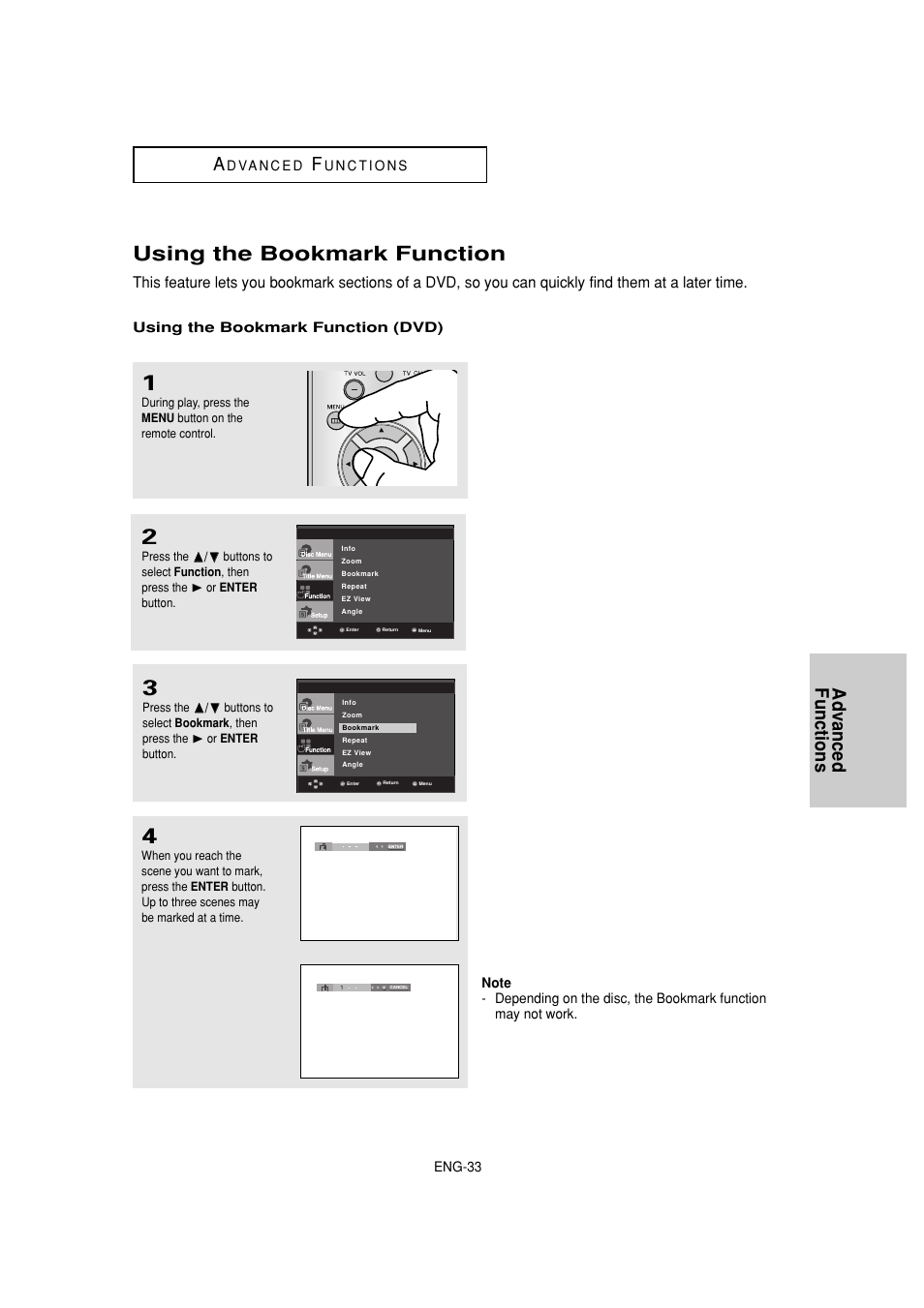 Using the bookmark function, Advanced functions a | Samsung DVD-1080P8 User Manual | Page 33 / 103