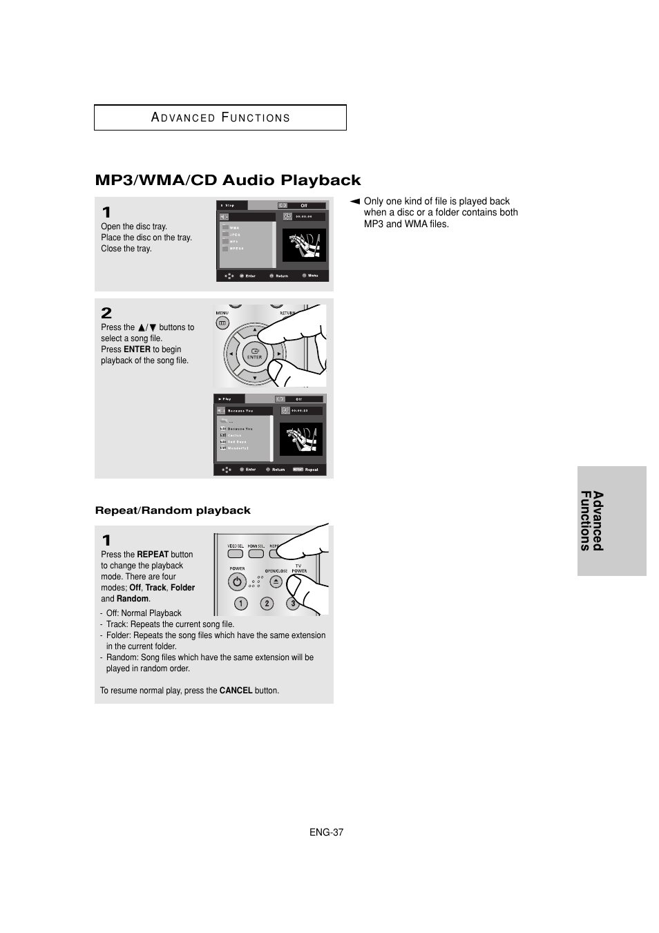 Mp3/wma/cd audio playback, Advanced functions a | Samsung DVD-1080P8 User Manual | Page 37 / 103