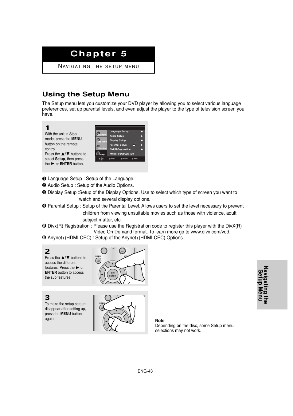 Using the setup menu, Navigating the setup menu | Samsung DVD-1080P8 User Manual | Page 43 / 103