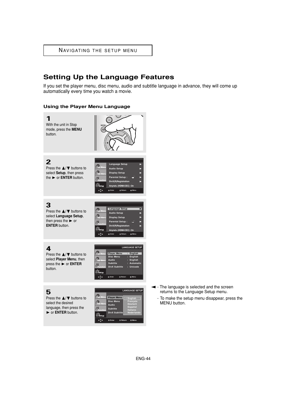 Setting up the language features, Eng-44, Using the player menu language | Samsung DVD-1080P8 User Manual | Page 44 / 103