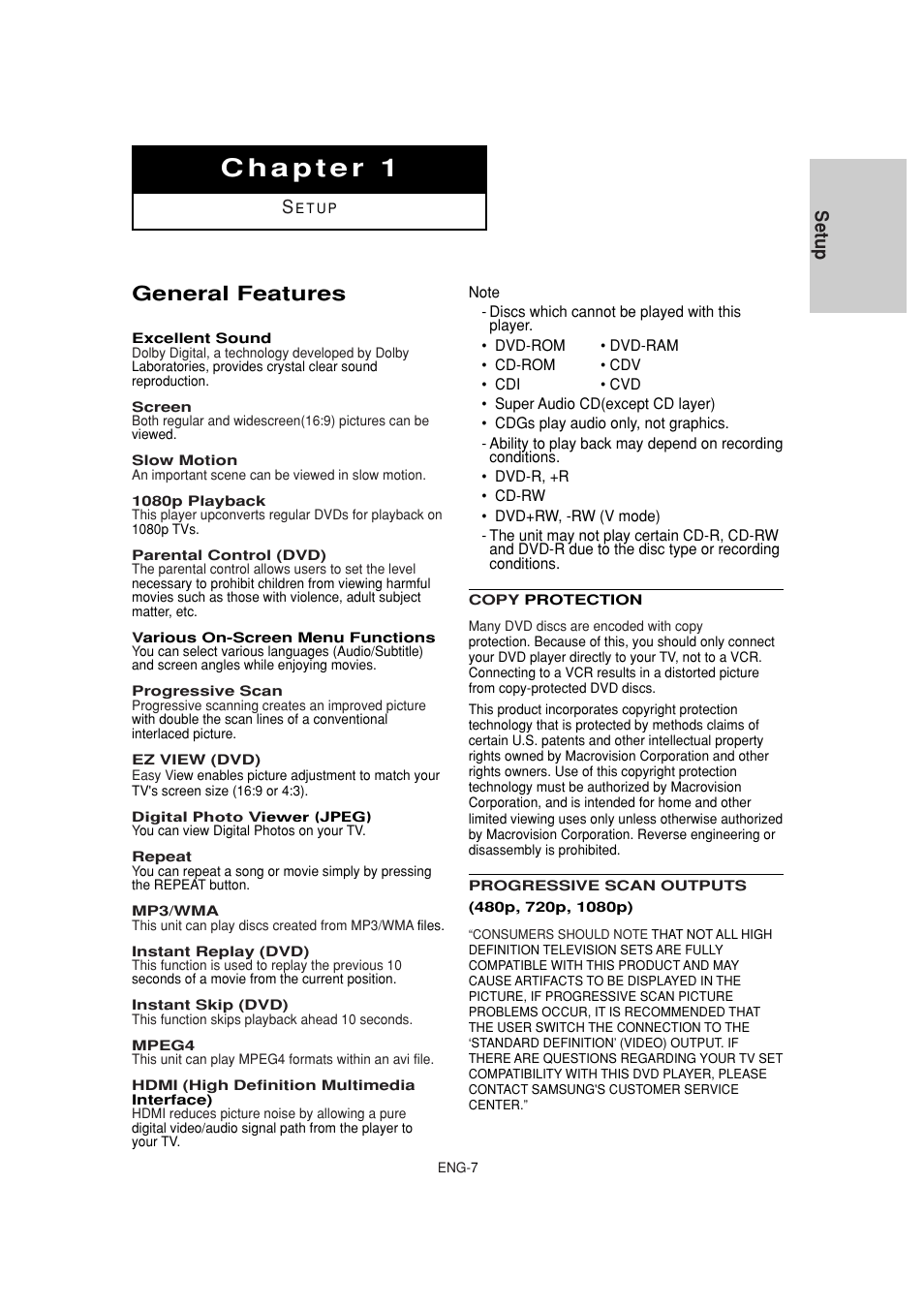 General features, Setup | Samsung DVD-1080P8 User Manual | Page 7 / 103