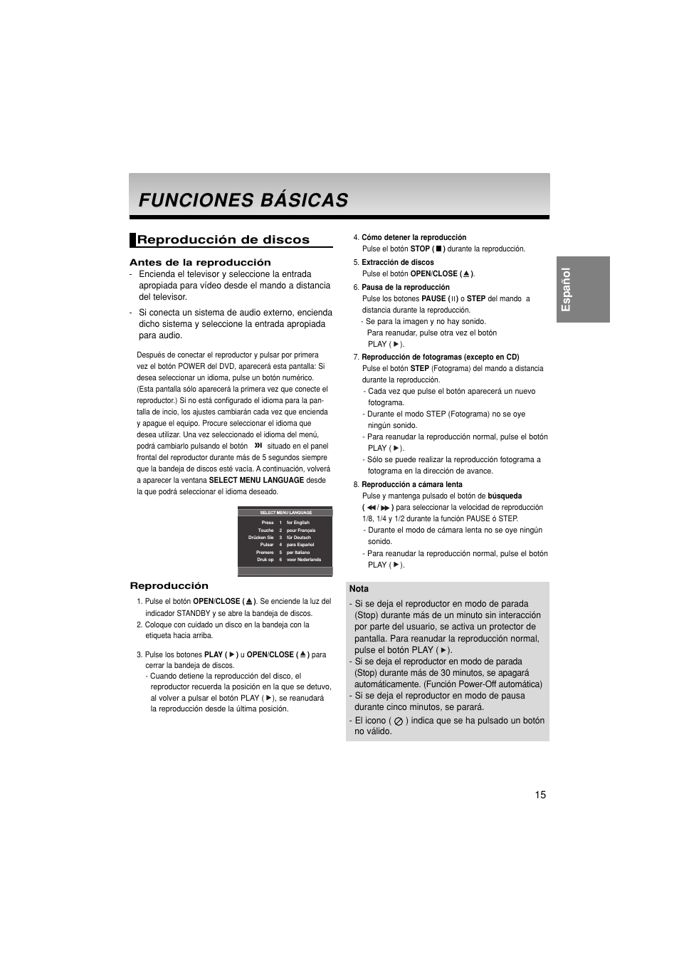 Funciones, Funciones básicas básicas, Español | Reproducción de discos | Samsung DVD-1080P8 User Manual | Page 78 / 103