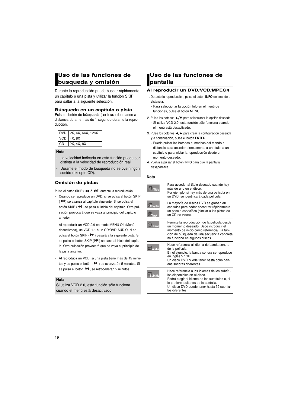 Uso de las funciones de búsqueda y omisión, Uso de las funciones de pantalla | Samsung DVD-1080P8 User Manual | Page 79 / 103