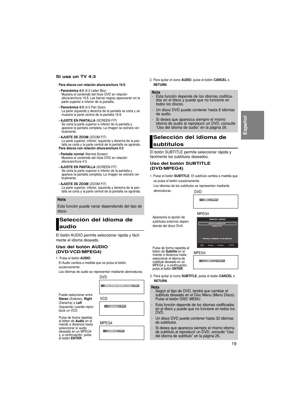 Español, Selección del idioma de audio, Selección del idioma de subtítulos | Samsung DVD-1080P8 User Manual | Page 82 / 103