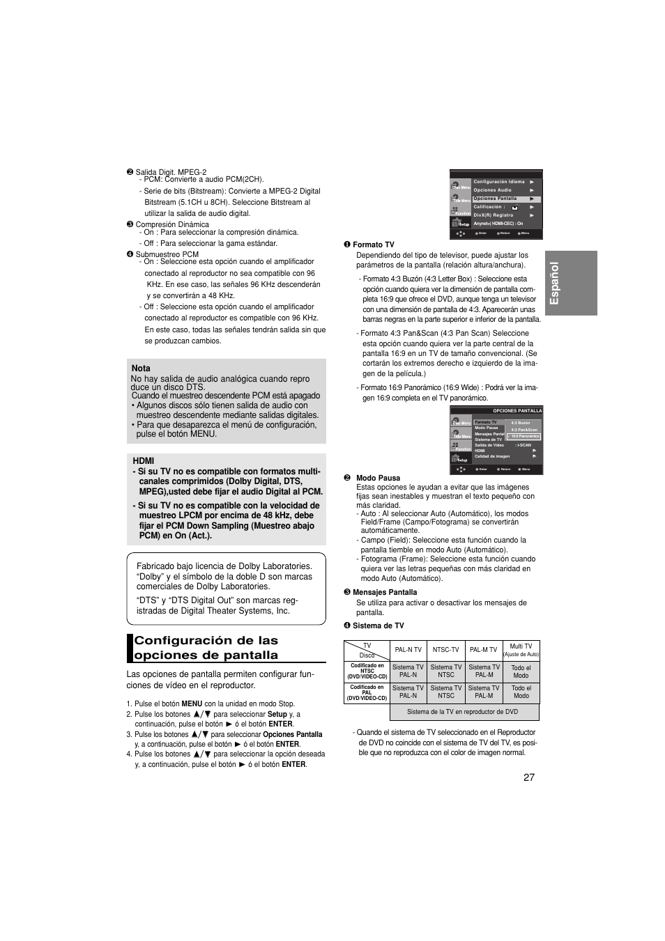 Español, Configuración de las opciones de pantalla | Samsung DVD-1080P8 User Manual | Page 90 / 103