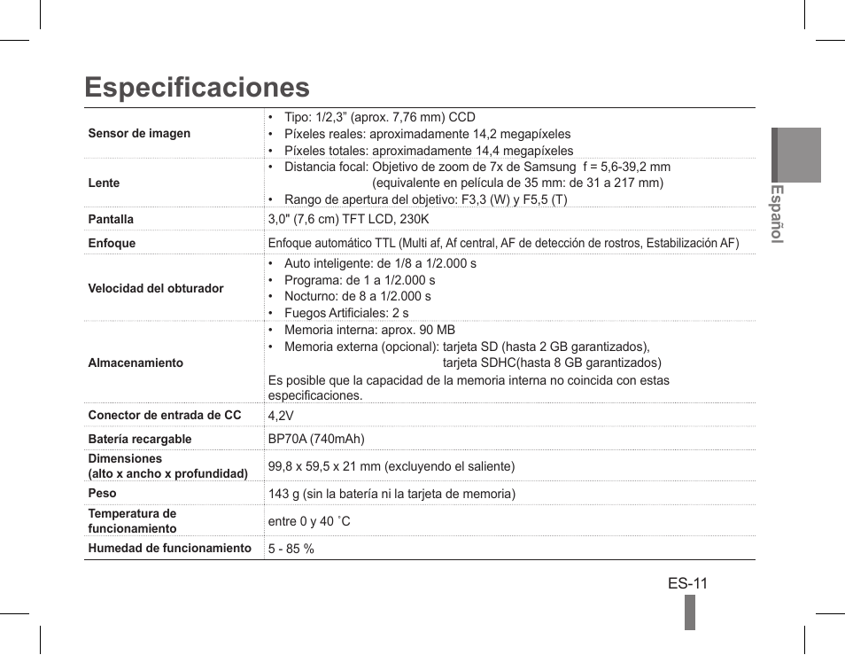 Especificaciones | Samsung AD68-05528A User Manual | Page 21 / 32