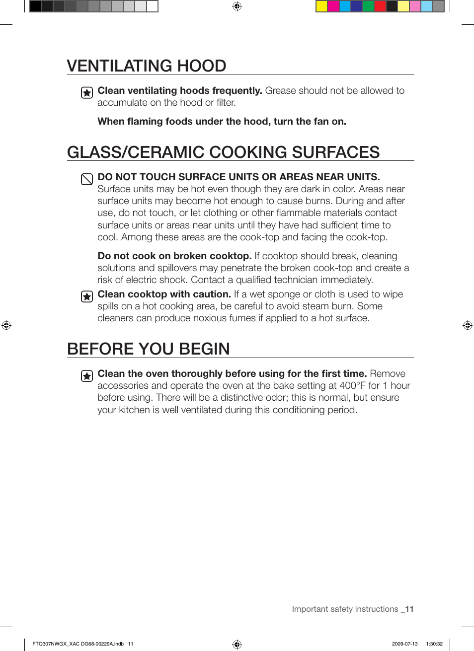 Ventilating hood, Glass/ceramic cooking surfaces, Before you begin | Samsung FTQ307NWGX User Manual | Page 11 / 66
