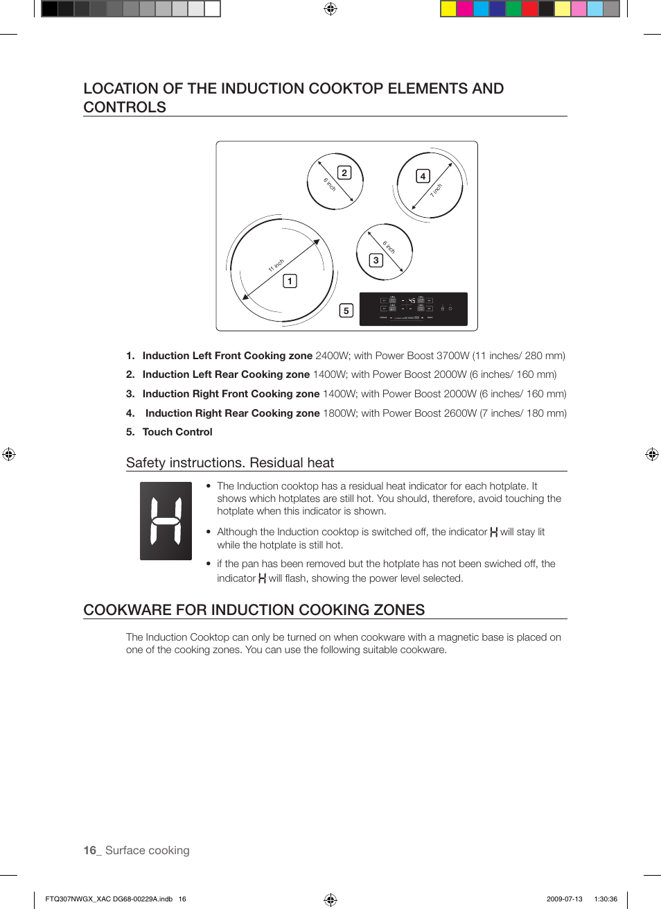 Cookware for induction cooking zones, Safety instructions. residual heat | Samsung FTQ307NWGX User Manual | Page 16 / 66