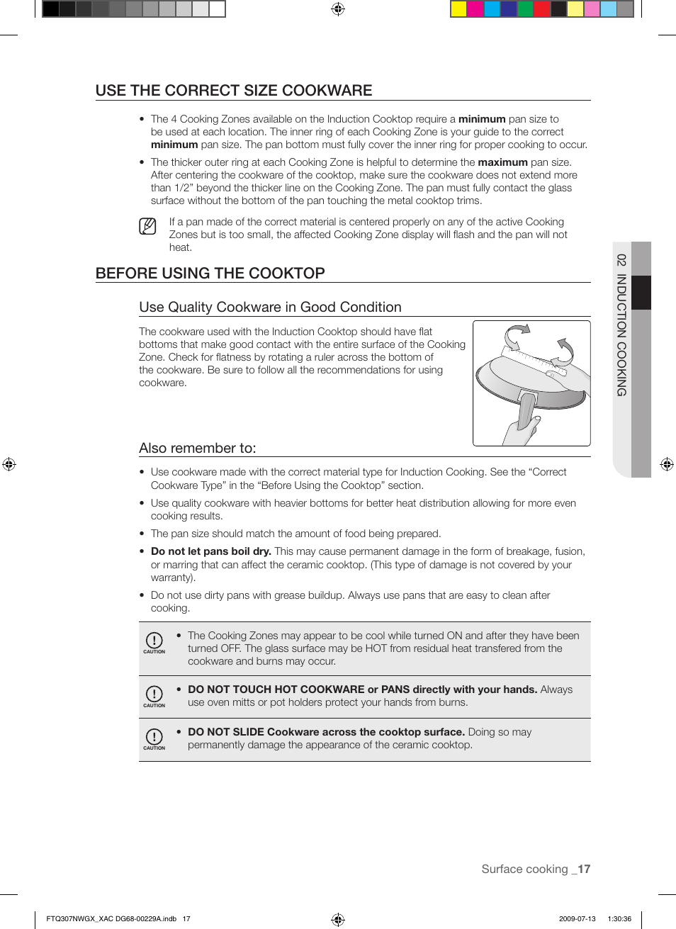 Use the correct size cookware, Before using the cooktop, Use quality cookware in good condition | Also remember to | Samsung FTQ307NWGX User Manual | Page 17 / 66
