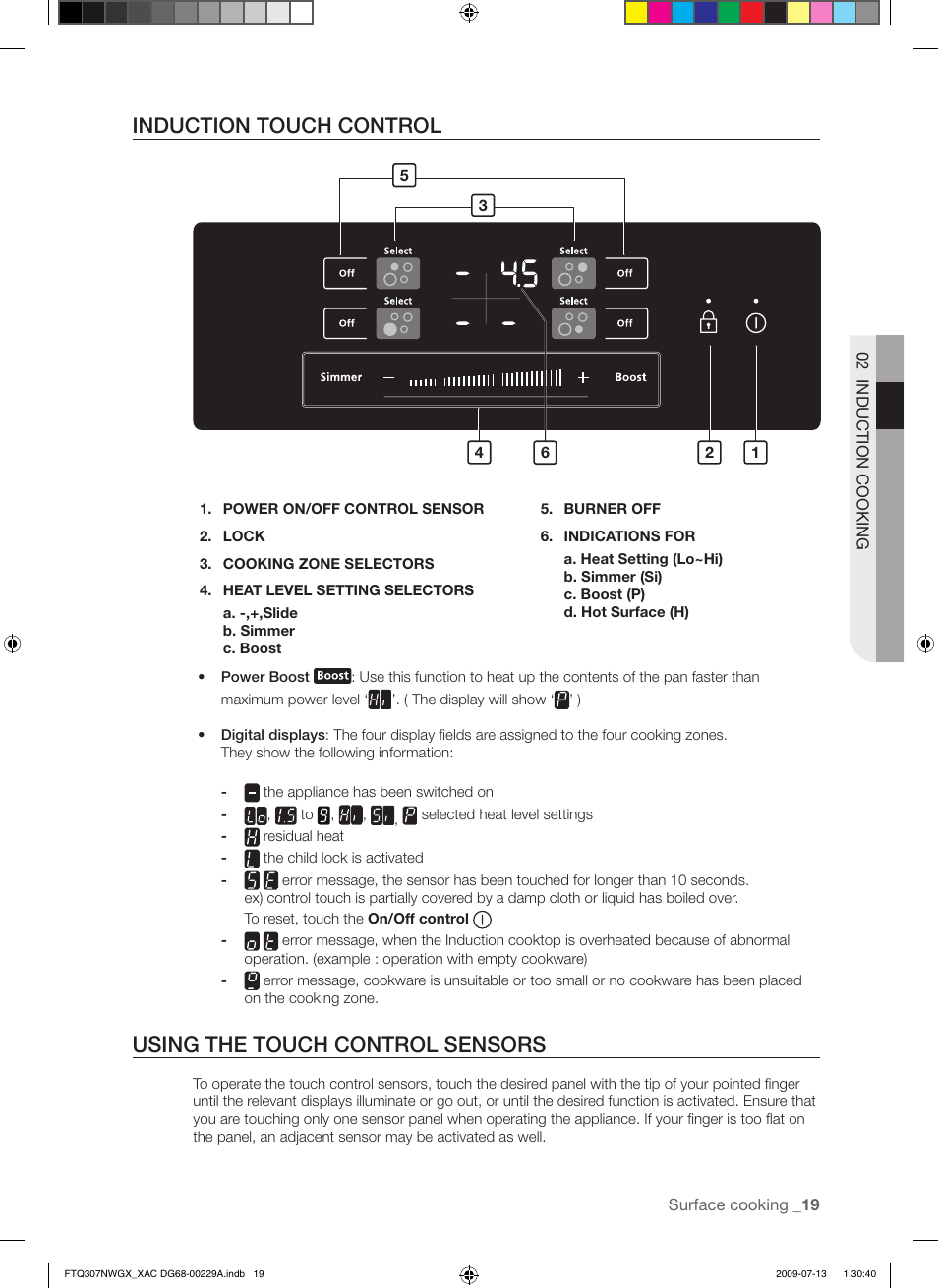 Induction touch control, Using the touch control sensors | Samsung FTQ307NWGX User Manual | Page 19 / 66