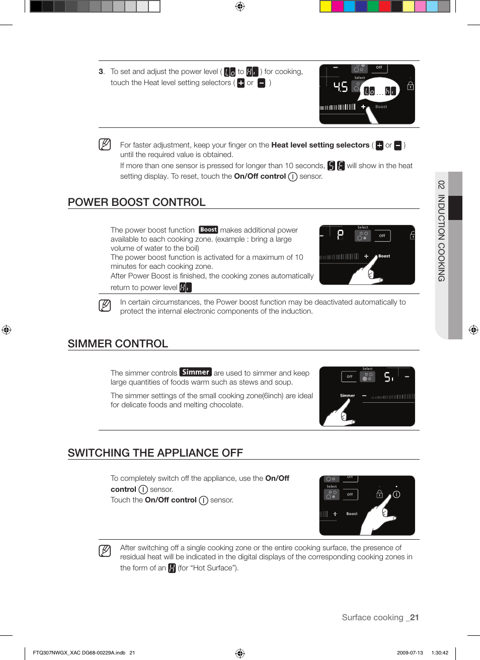 Power boost control, Simmer control, Switching the appliance off | Samsung FTQ307NWGX User Manual | Page 21 / 66