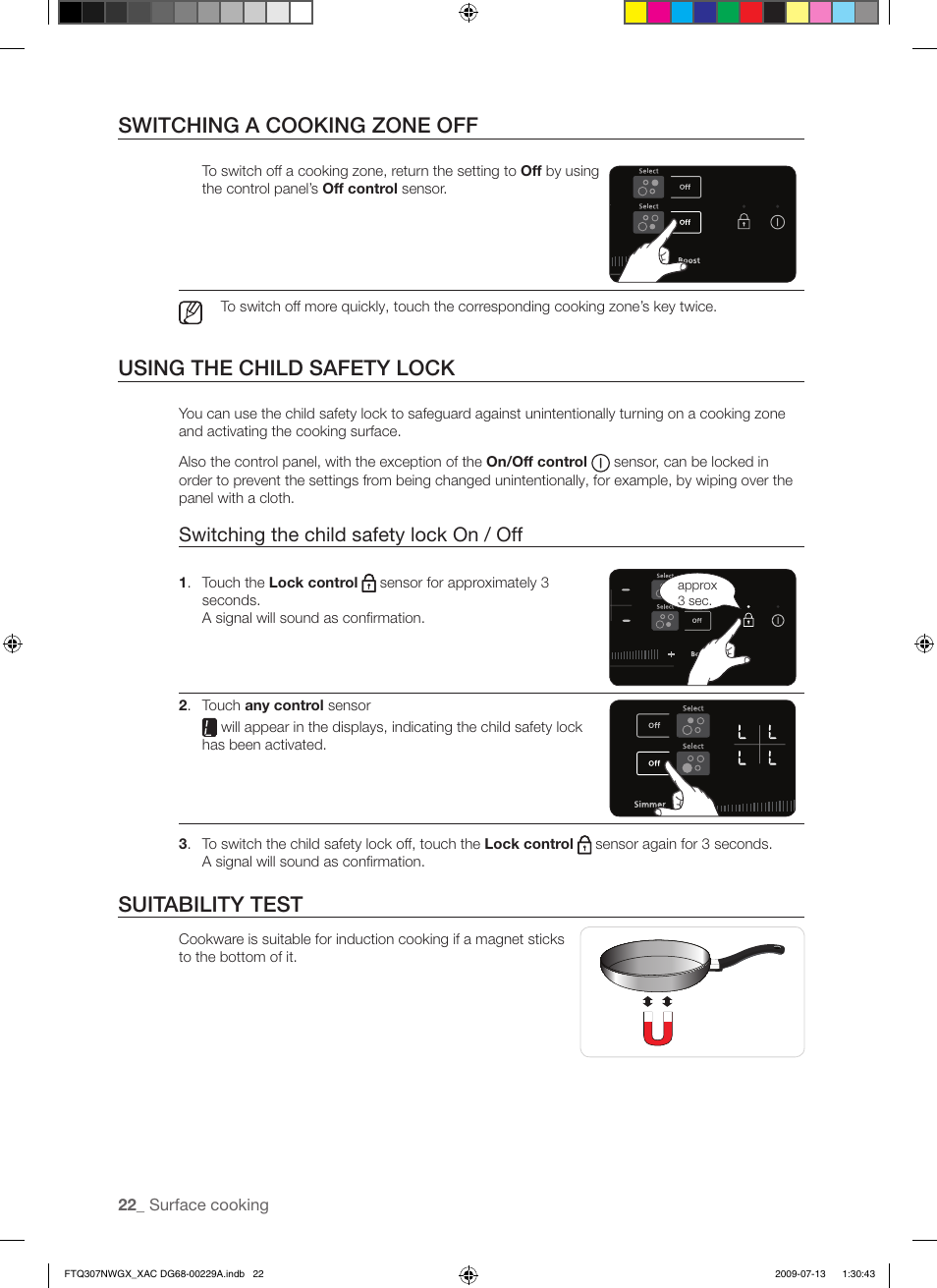 Switching a cooking zone off, Using the child safety lock, Suitability test | Switching the child safety lock on / off | Samsung FTQ307NWGX User Manual | Page 22 / 66