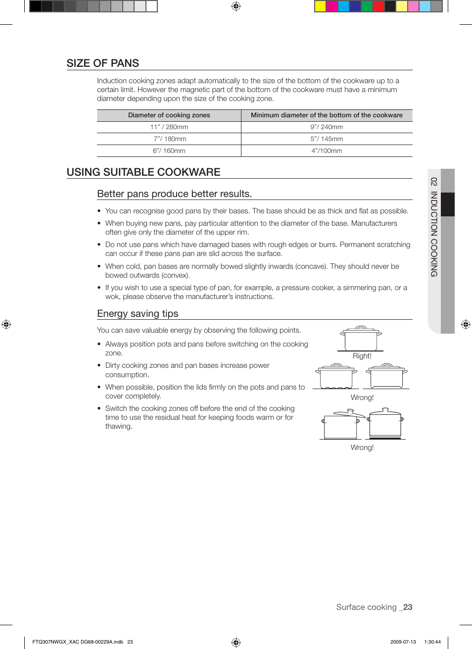 Size of pans, Using suitable cookware, Better pans produce better results | Energy saving tips | Samsung FTQ307NWGX User Manual | Page 23 / 66