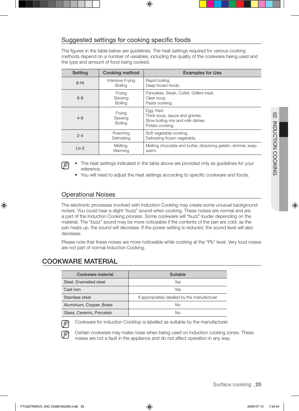 Cookware material, Suggested settings for cooking specific foods, Operational noises | Samsung FTQ307NWGX User Manual | Page 25 / 66