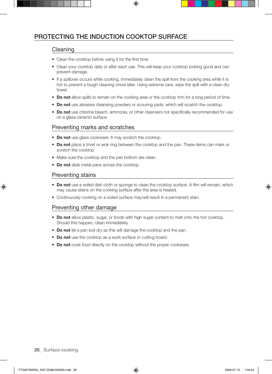 Protecting the induction cooktop surface, Cleaning, Preventing marks and scratches | Preventing stains, Preventing other damage | Samsung FTQ307NWGX User Manual | Page 26 / 66