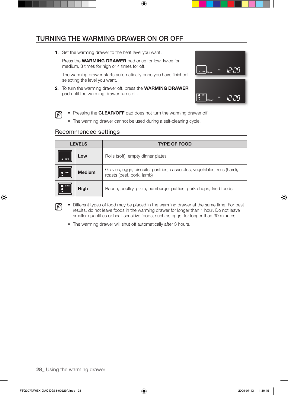 Turning the warming drawer on or off, Recommended settings | Samsung FTQ307NWGX User Manual | Page 28 / 66