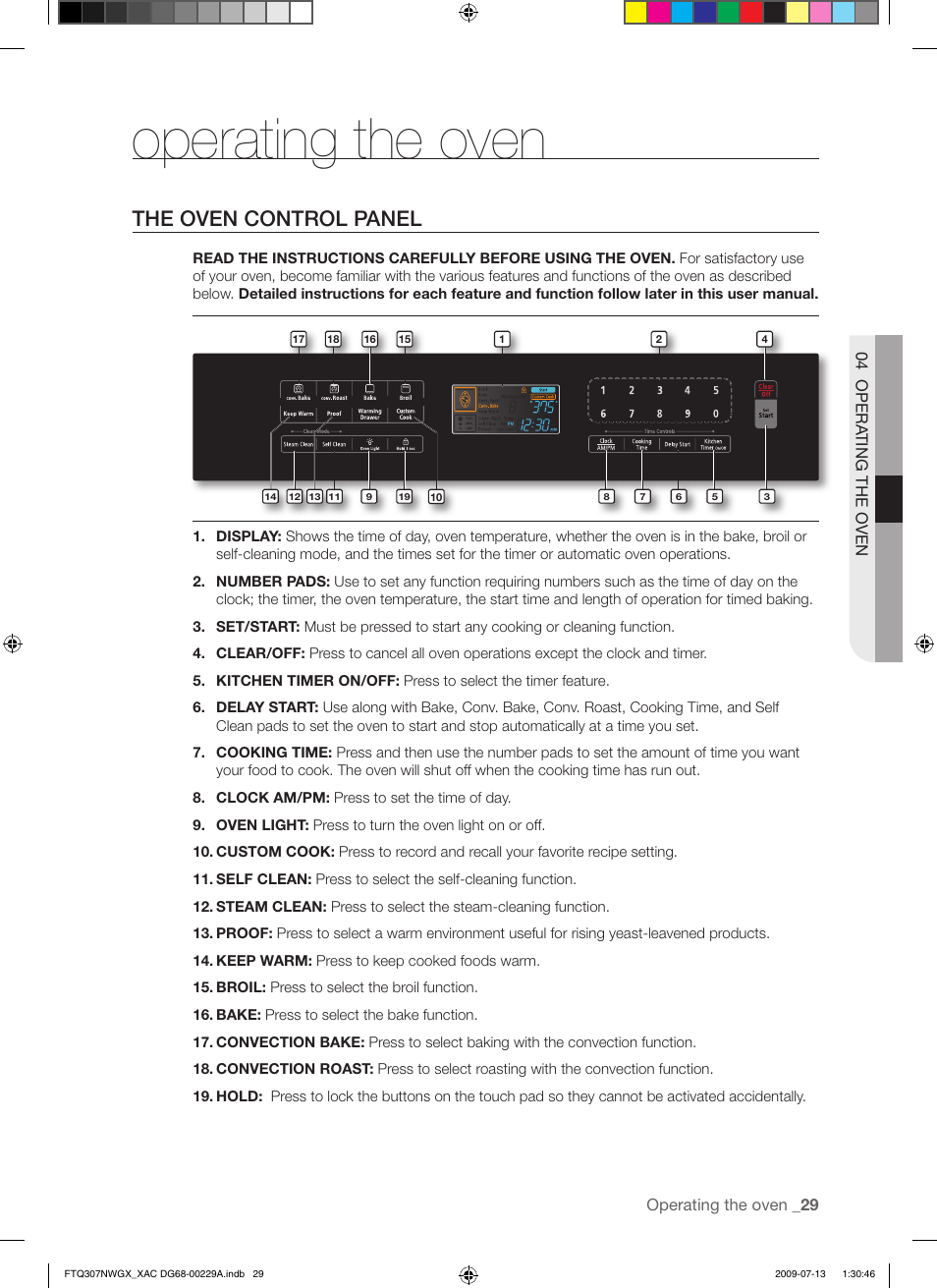 Operating the oven, The oven control panel | Samsung FTQ307NWGX User Manual | Page 29 / 66