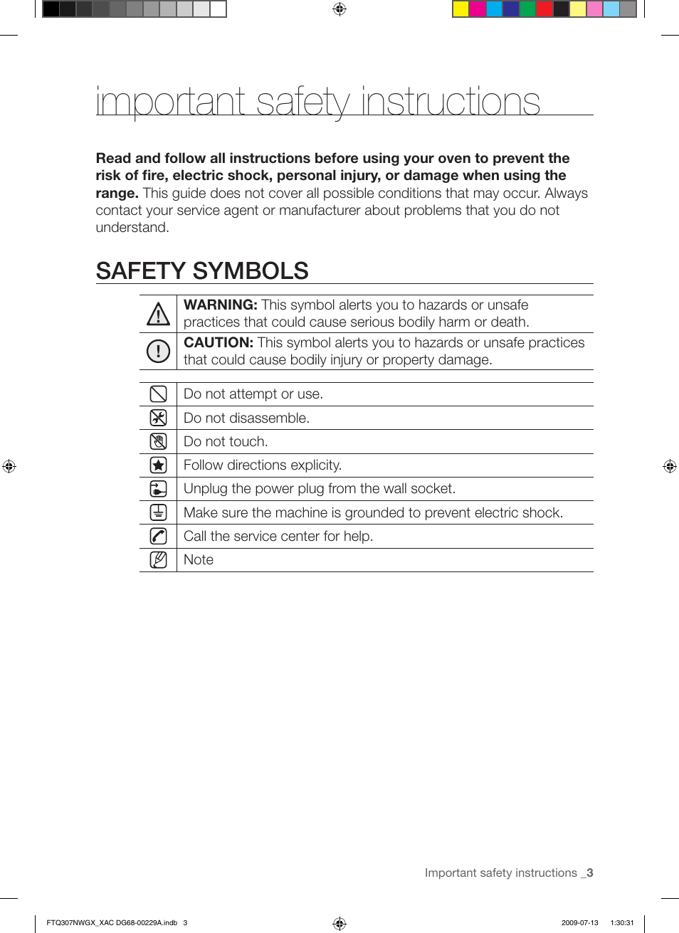 Important safety instructions, Safety symbols | Samsung FTQ307NWGX User Manual | Page 3 / 66