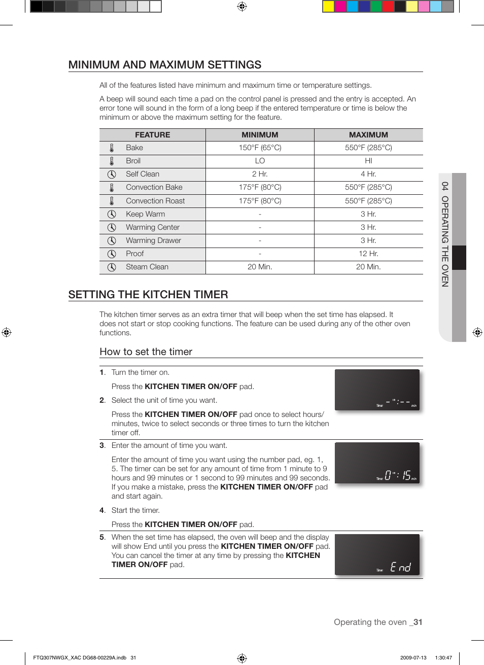 Minimum and maximum settings, Setting the kitchen timer, How to set the timer | Samsung FTQ307NWGX User Manual | Page 31 / 66