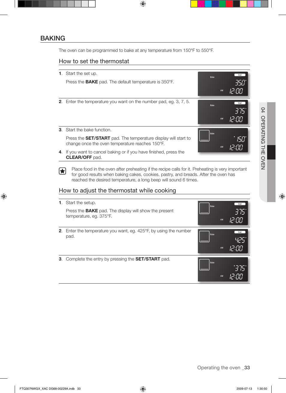 Baking, How to set the thermostat, How to adjust the thermostat while cooking | Samsung FTQ307NWGX User Manual | Page 33 / 66