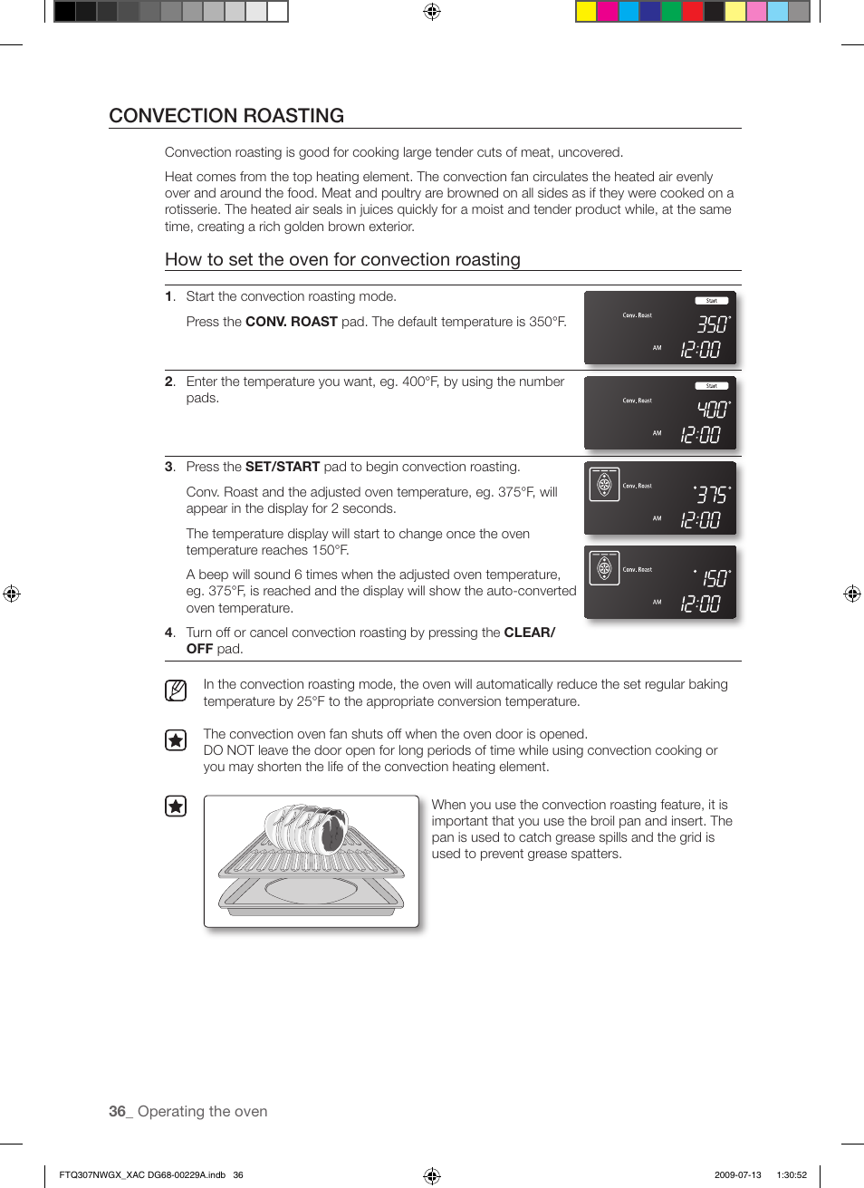 Convection roasting, How to set the oven for convection roasting | Samsung FTQ307NWGX User Manual | Page 36 / 66