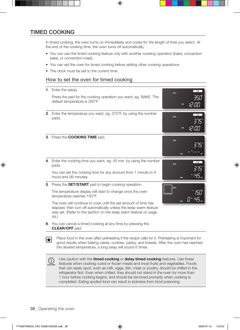 Timed cooking, How to set the oven for timed cooking | Samsung FTQ307NWGX User Manual | Page 38 / 66