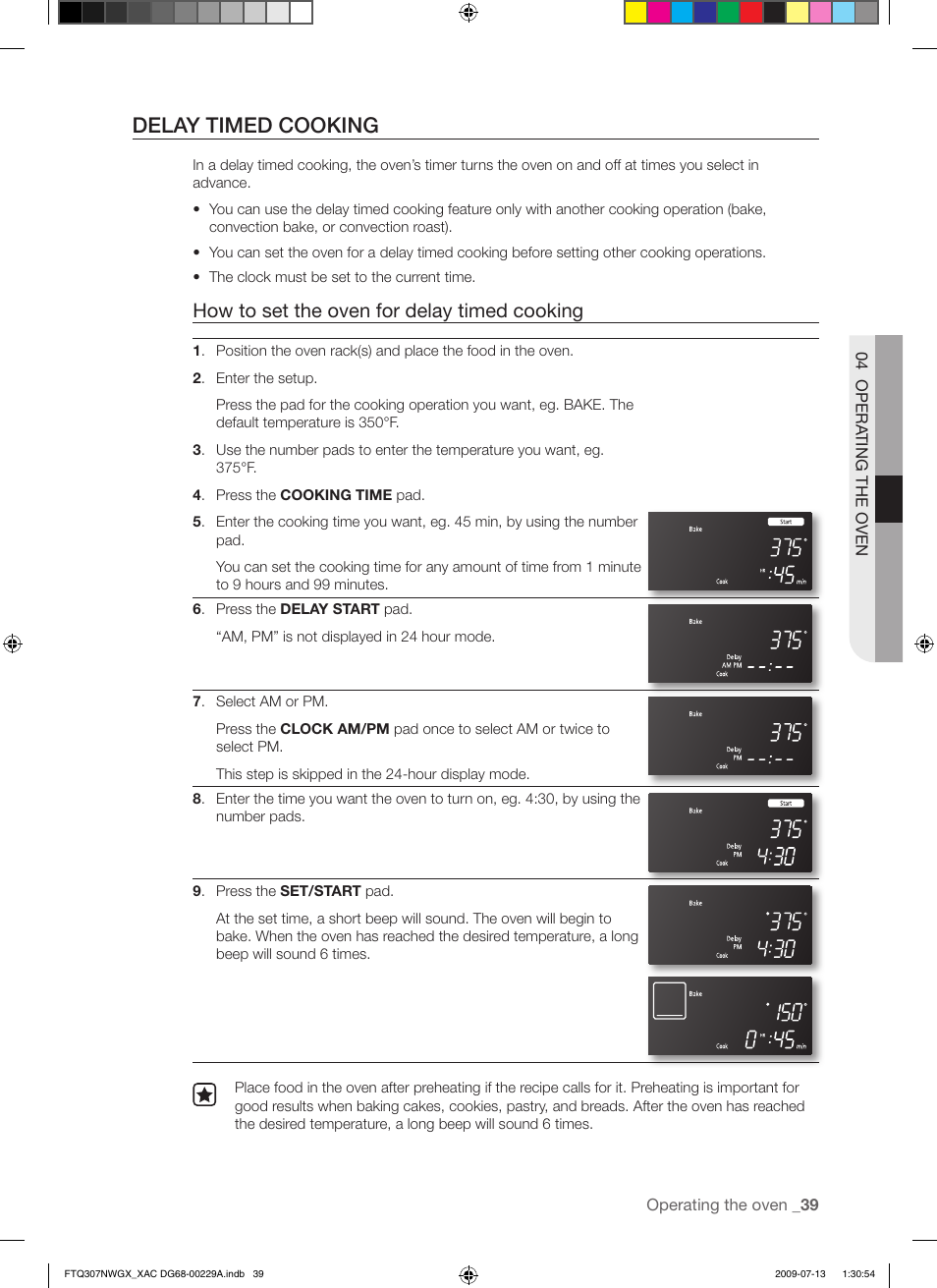 Delay timed cooking, How to set the oven for delay timed cooking | Samsung FTQ307NWGX User Manual | Page 39 / 66