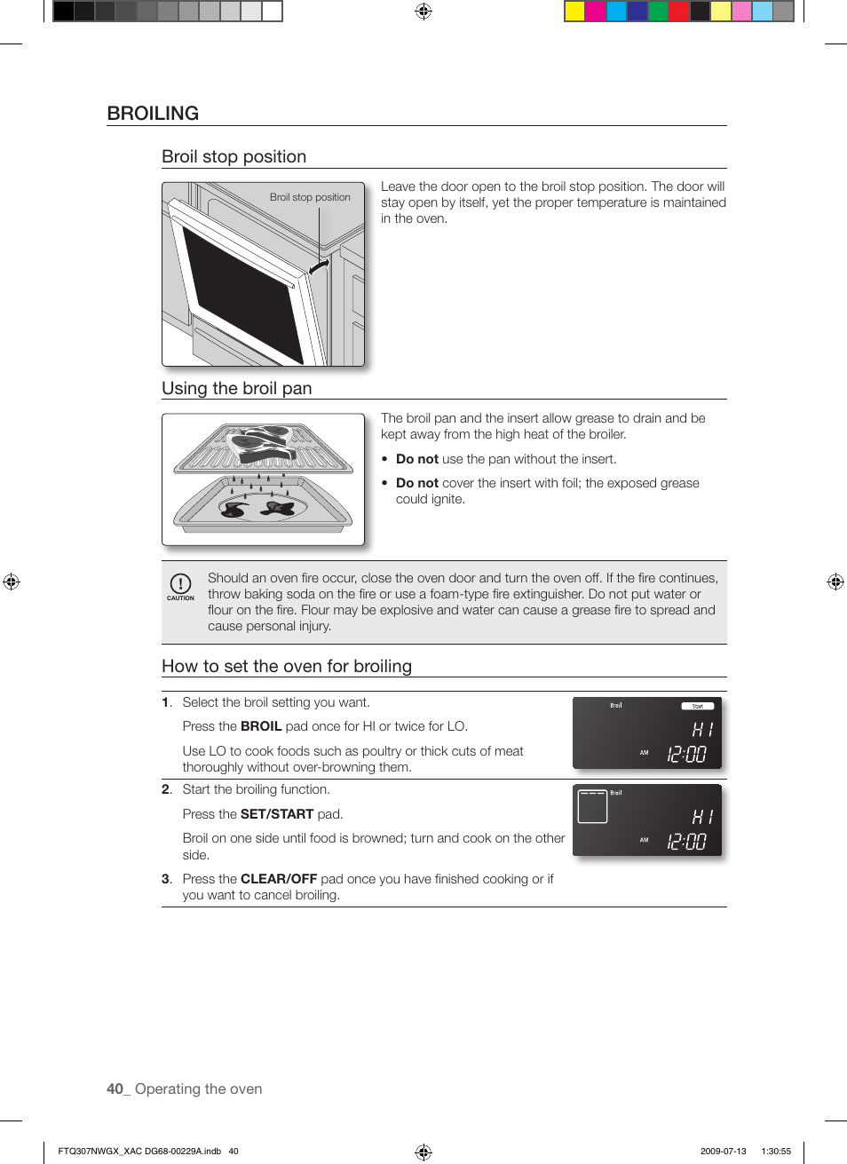 Broiling, Broil stop position, Using the broil pan | How to set the oven for broiling | Samsung FTQ307NWGX User Manual | Page 40 / 66