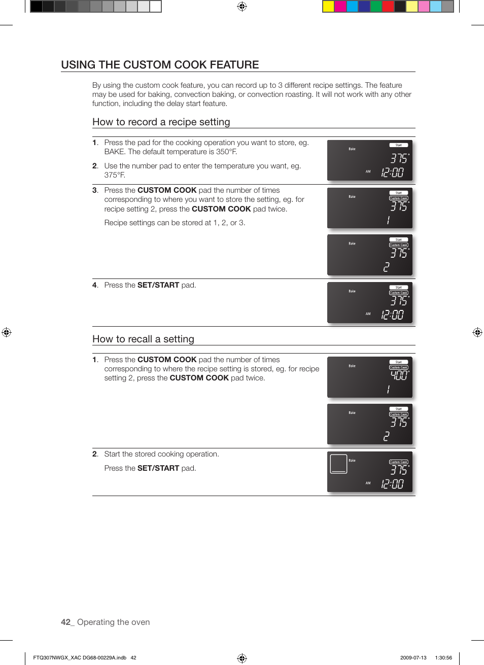 Using the custom cook feature, How to record a recipe setting, How to recall a setting | Samsung FTQ307NWGX User Manual | Page 42 / 66