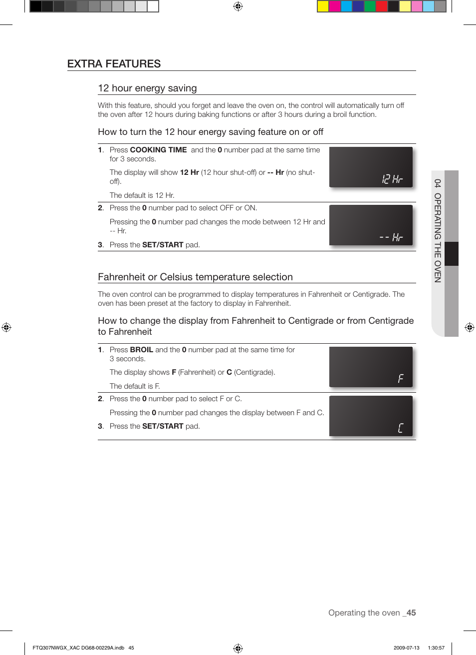 Extra features, 12 hour energy saving, Fahrenheit or celsius temperature selection | Samsung FTQ307NWGX User Manual | Page 45 / 66