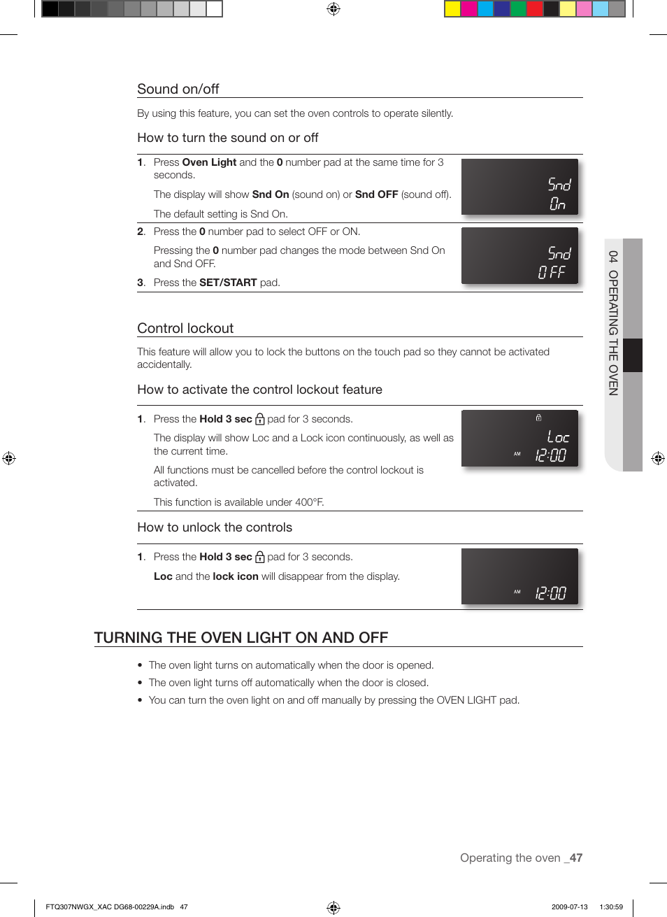 Turning the oven light on and off, Sound on/off, Control lockout | Samsung FTQ307NWGX User Manual | Page 47 / 66