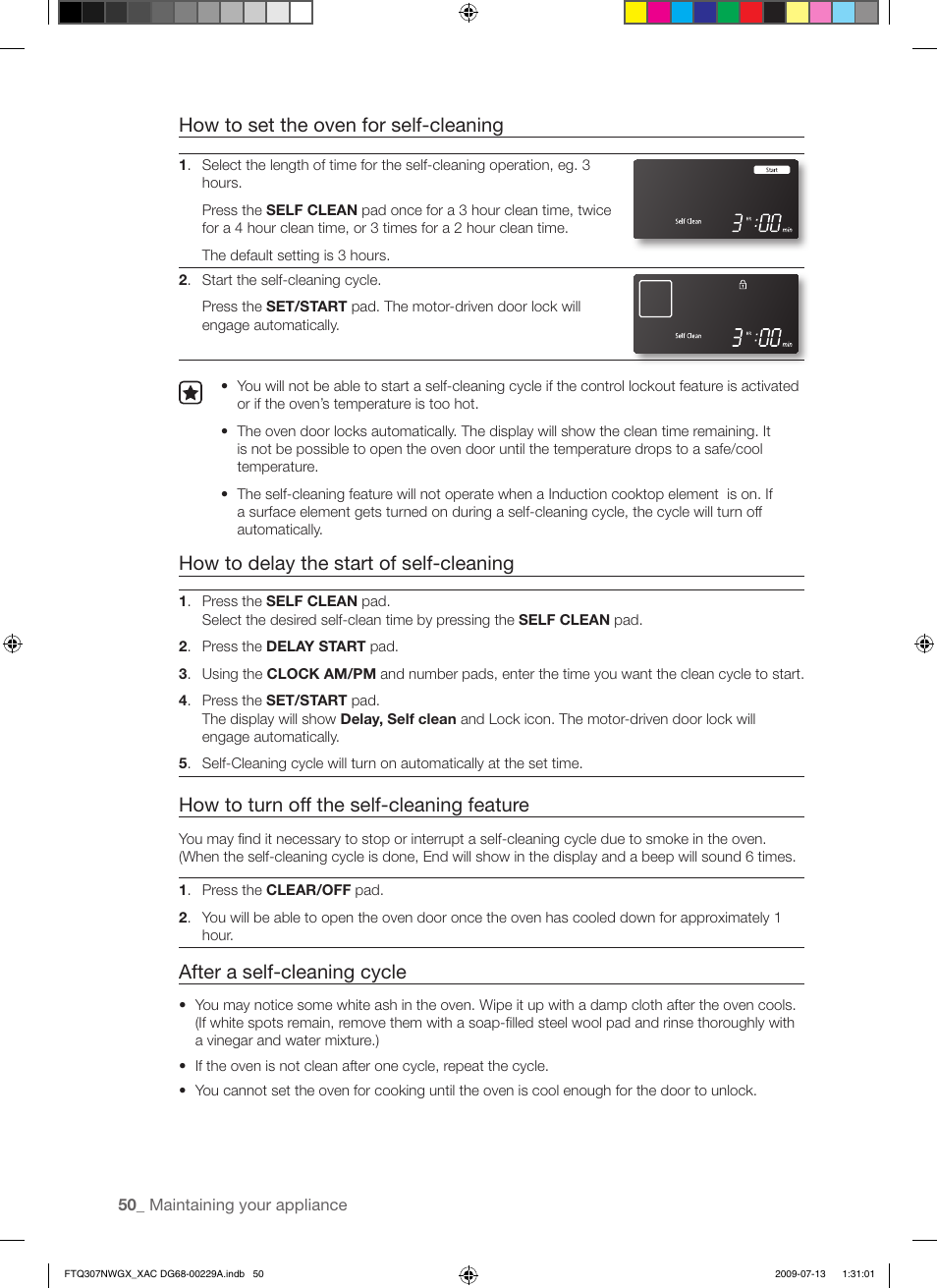 How to set the oven for self-cleaning, How to delay the start of self-cleaning, How to turn off the self-cleaning feature | After a self-cleaning cycle | Samsung FTQ307NWGX User Manual | Page 50 / 66