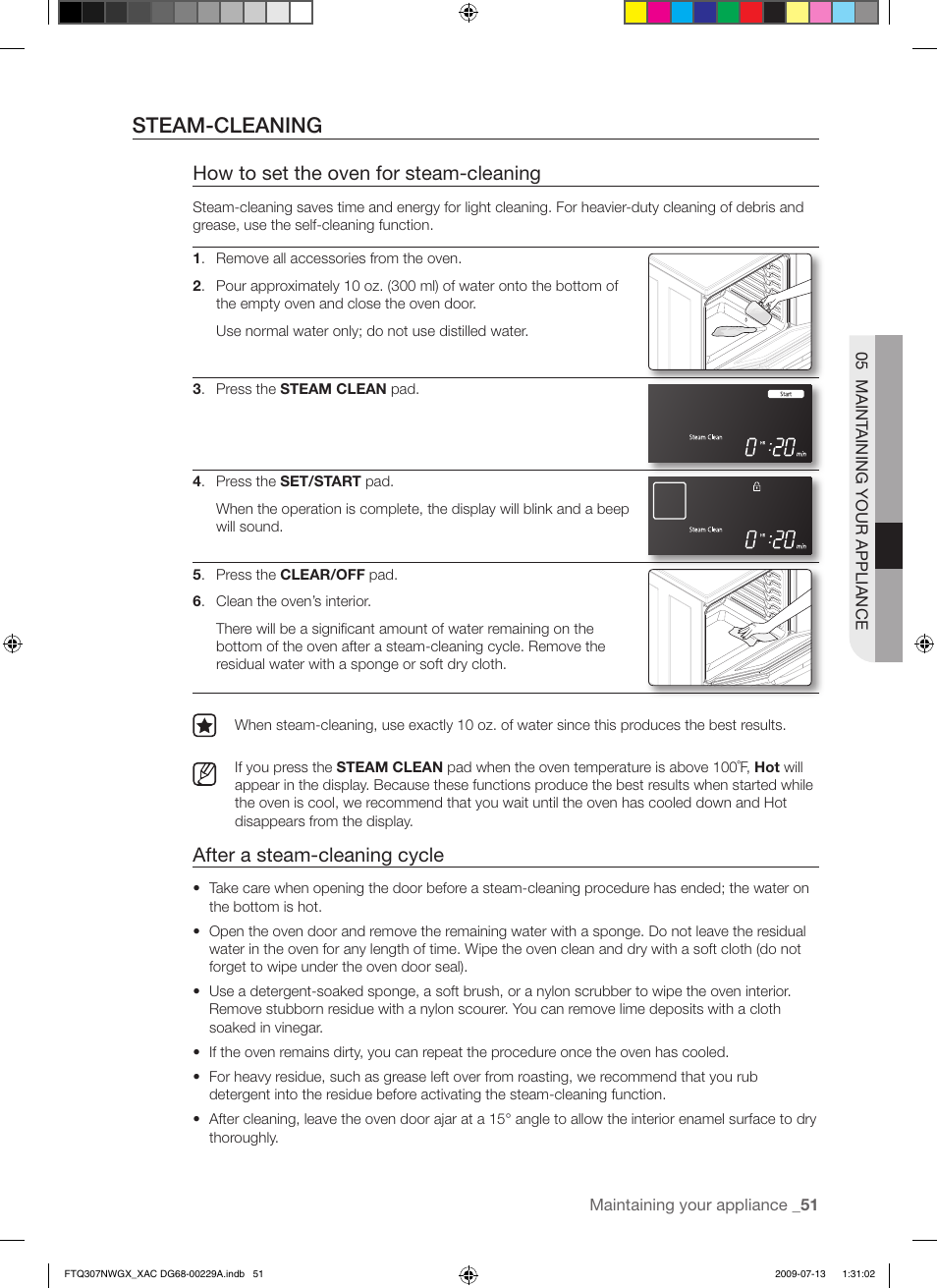 Steam-cleaning, How to set the oven for steam-cleaning, After a steam-cleaning cycle | Samsung FTQ307NWGX User Manual | Page 51 / 66