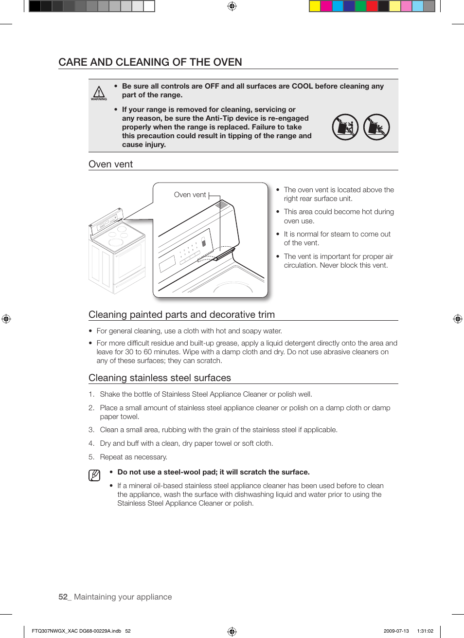 Care and cleaning of the oven, Oven vent, Cleaning painted parts and decorative trim | Cleaning stainless steel surfaces | Samsung FTQ307NWGX User Manual | Page 52 / 66