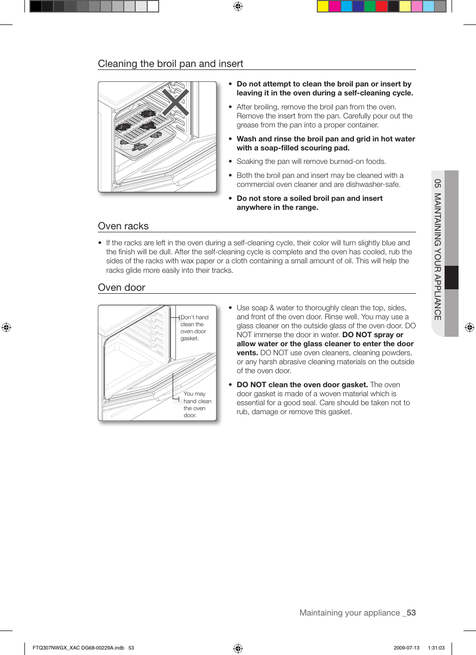 Cleaning the broil pan and insert, Oven racks, Oven door | Samsung FTQ307NWGX User Manual | Page 53 / 66