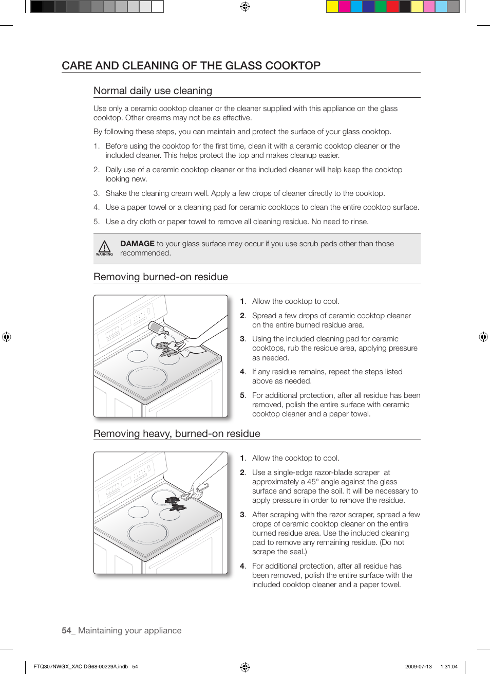 Care and cleaning of the glass cooktop, Normal daily use cleaning, Removing burned-on residue | Removing heavy, burned-on residue | Samsung FTQ307NWGX User Manual | Page 54 / 66