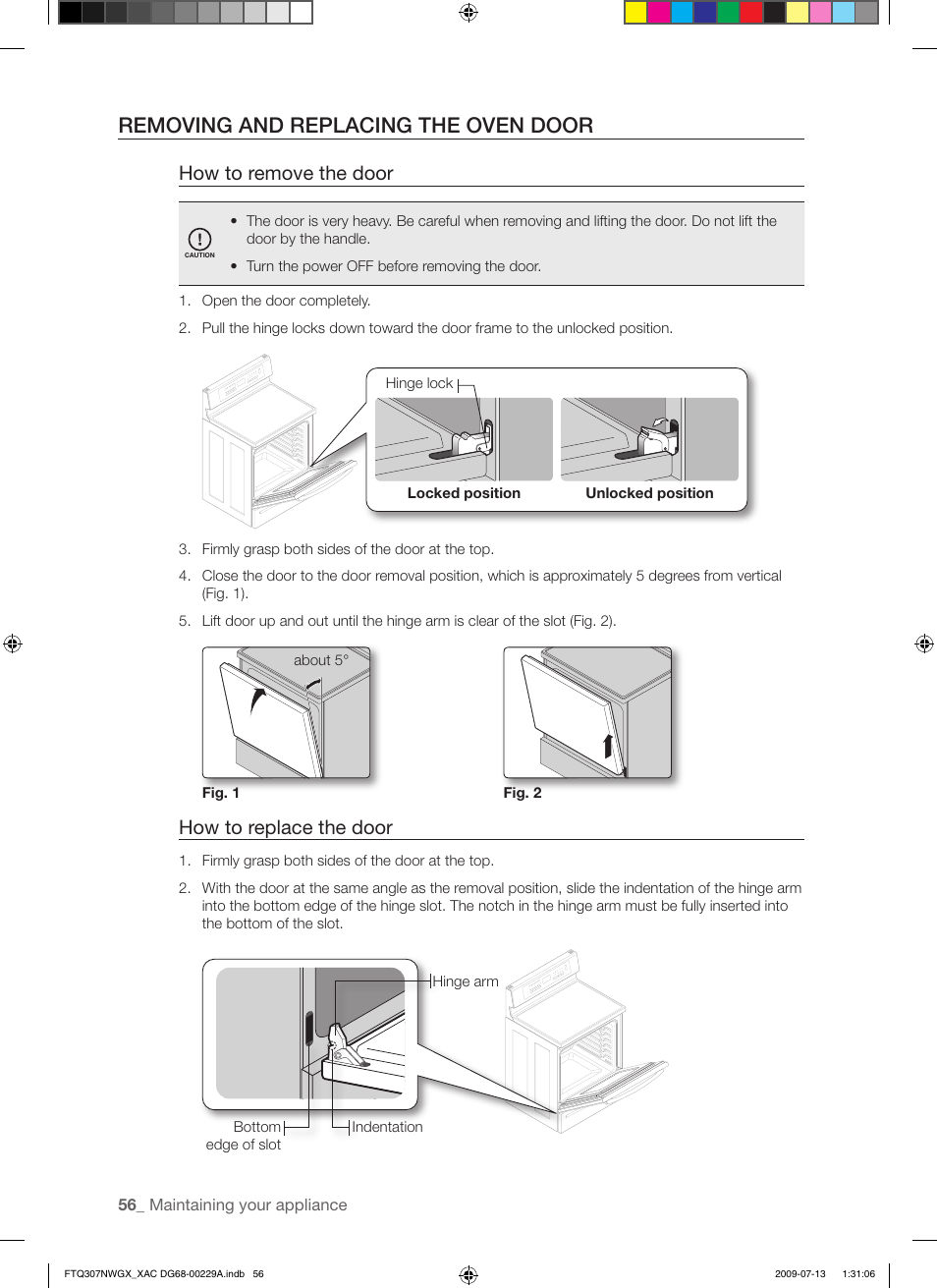 Removing and replacing the oven door, How to remove the door, How to replace the door | Samsung FTQ307NWGX User Manual | Page 56 / 66
