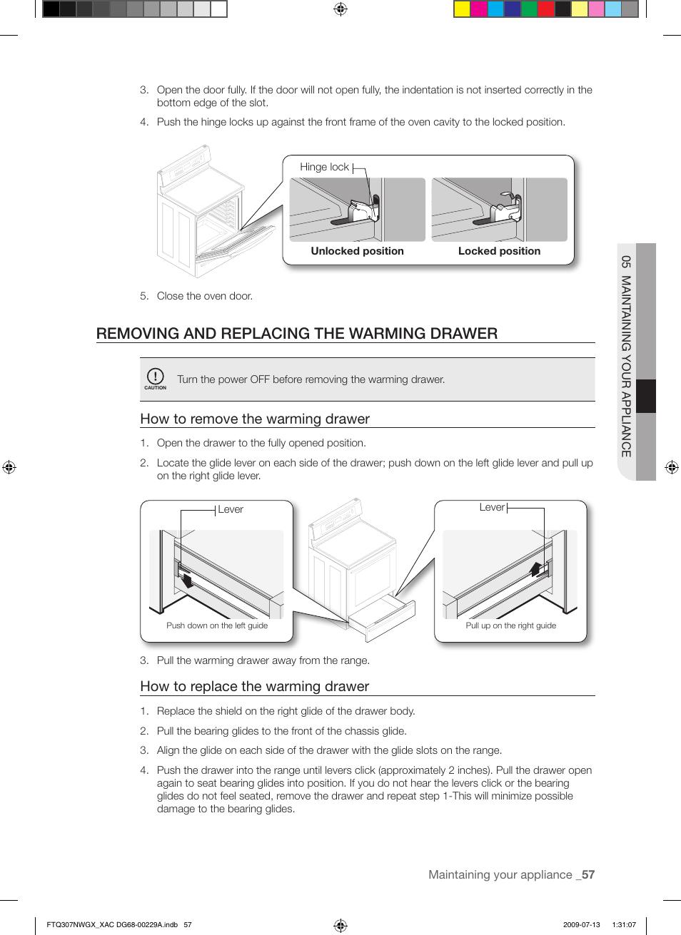 Removing and replacing the warming drawer, How to remove the warming drawer, How to replace the warming drawer | Samsung FTQ307NWGX User Manual | Page 57 / 66