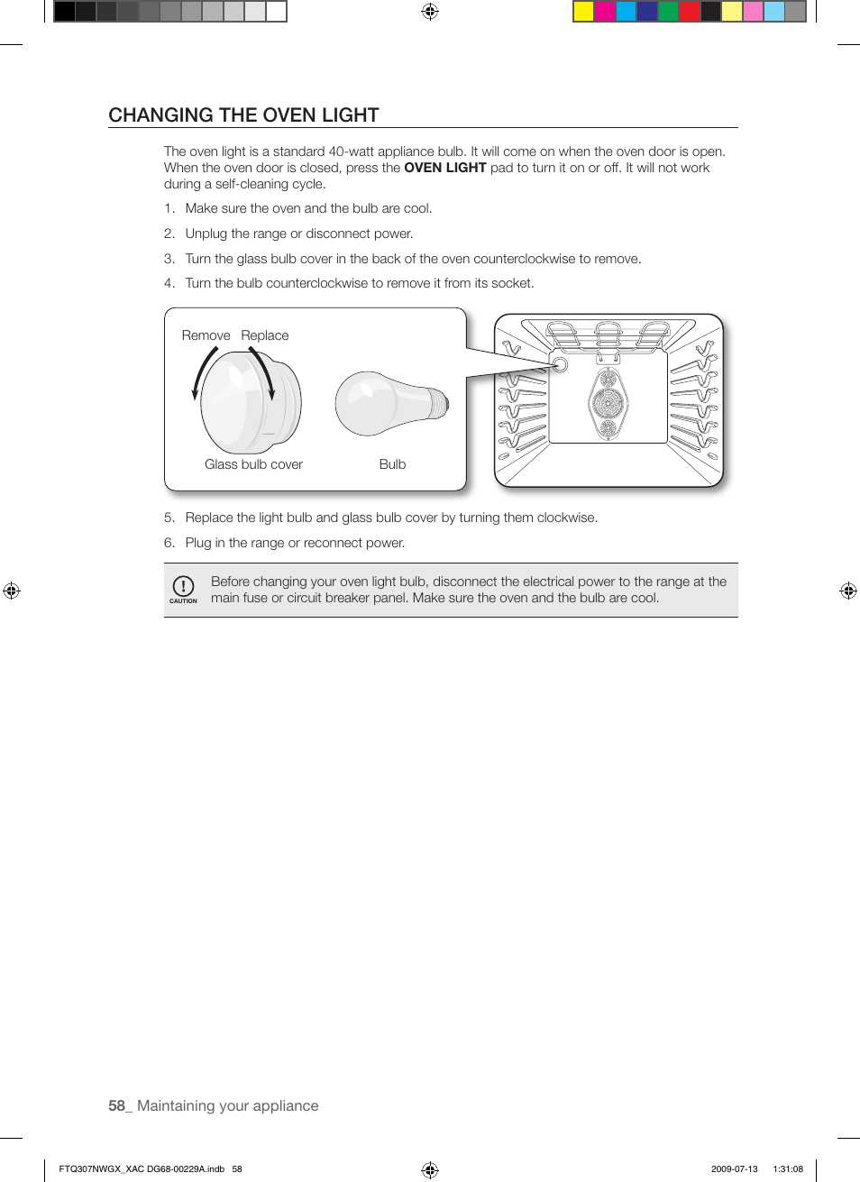 Changing the oven light | Samsung FTQ307NWGX User Manual | Page 58 / 66