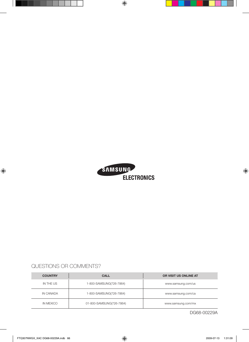 Questions or comments | Samsung FTQ307NWGX User Manual | Page 66 / 66